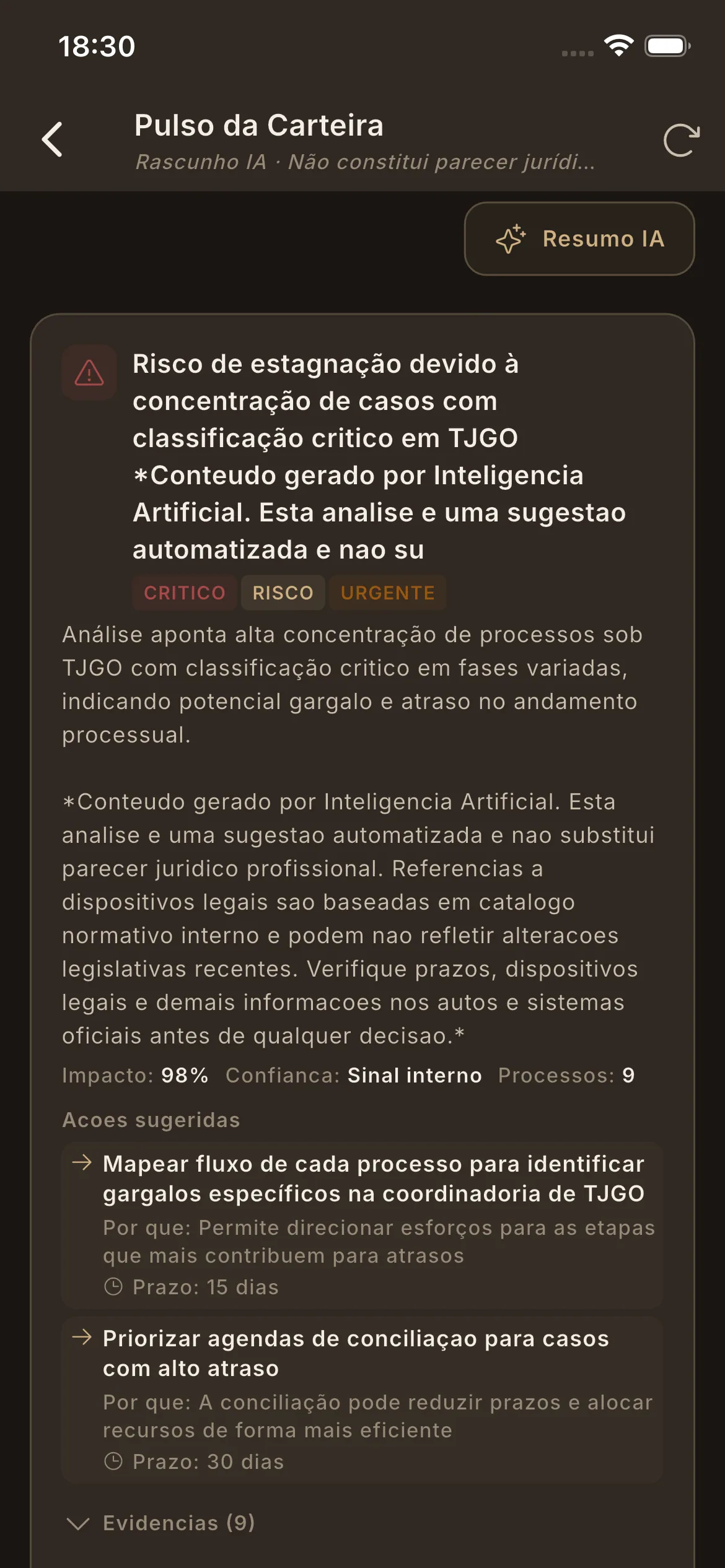 Tela do app mostrando pulso da carteira com análise inteligente.
