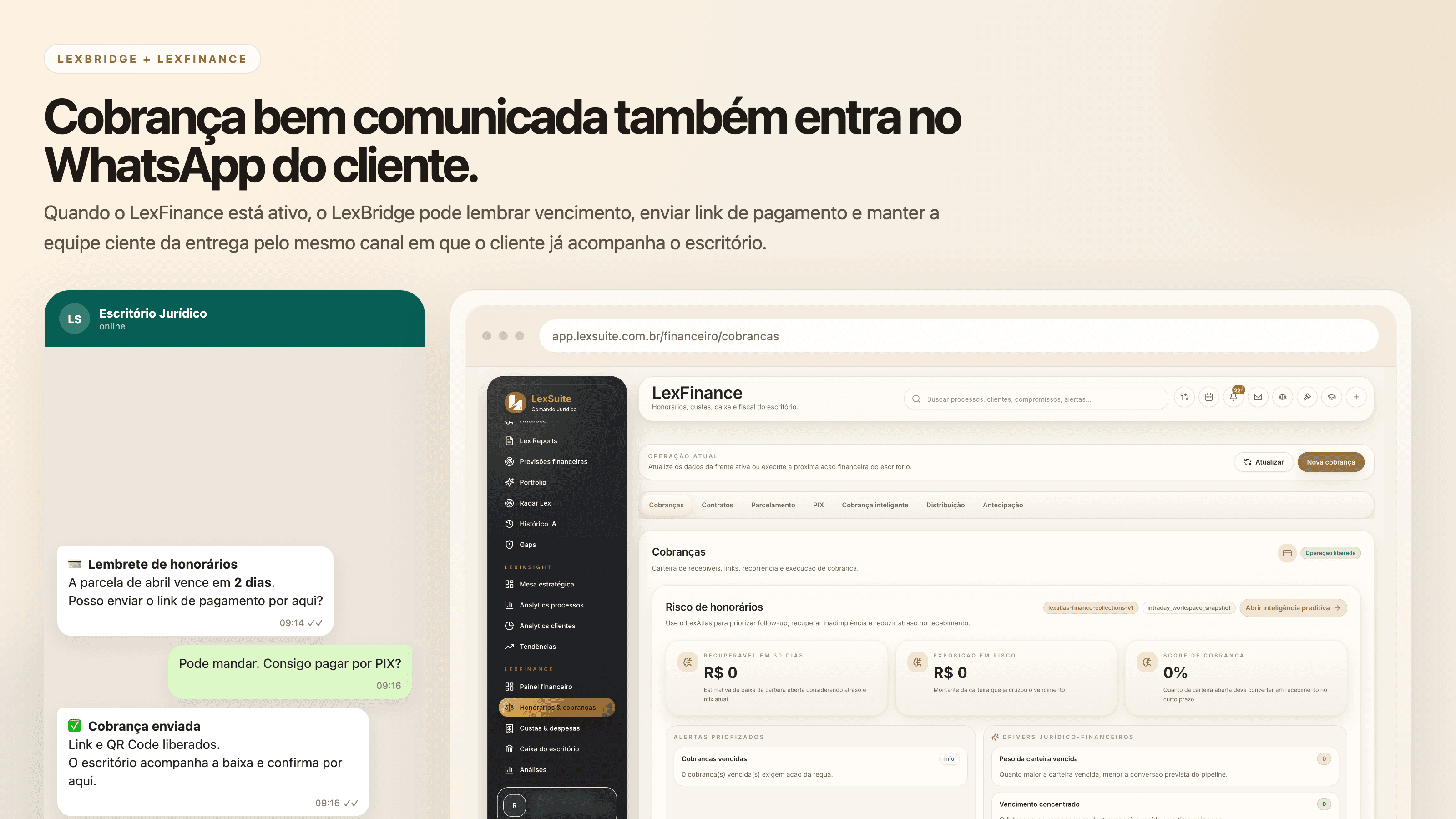Notificação de cobrança do LexFinance entregue pelo LexBridge no WhatsApp