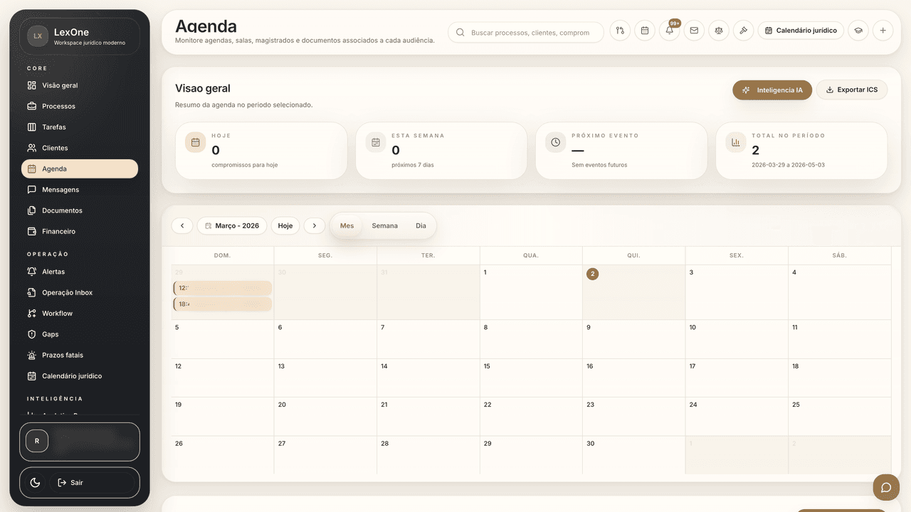 Calendário com audiências e prazos