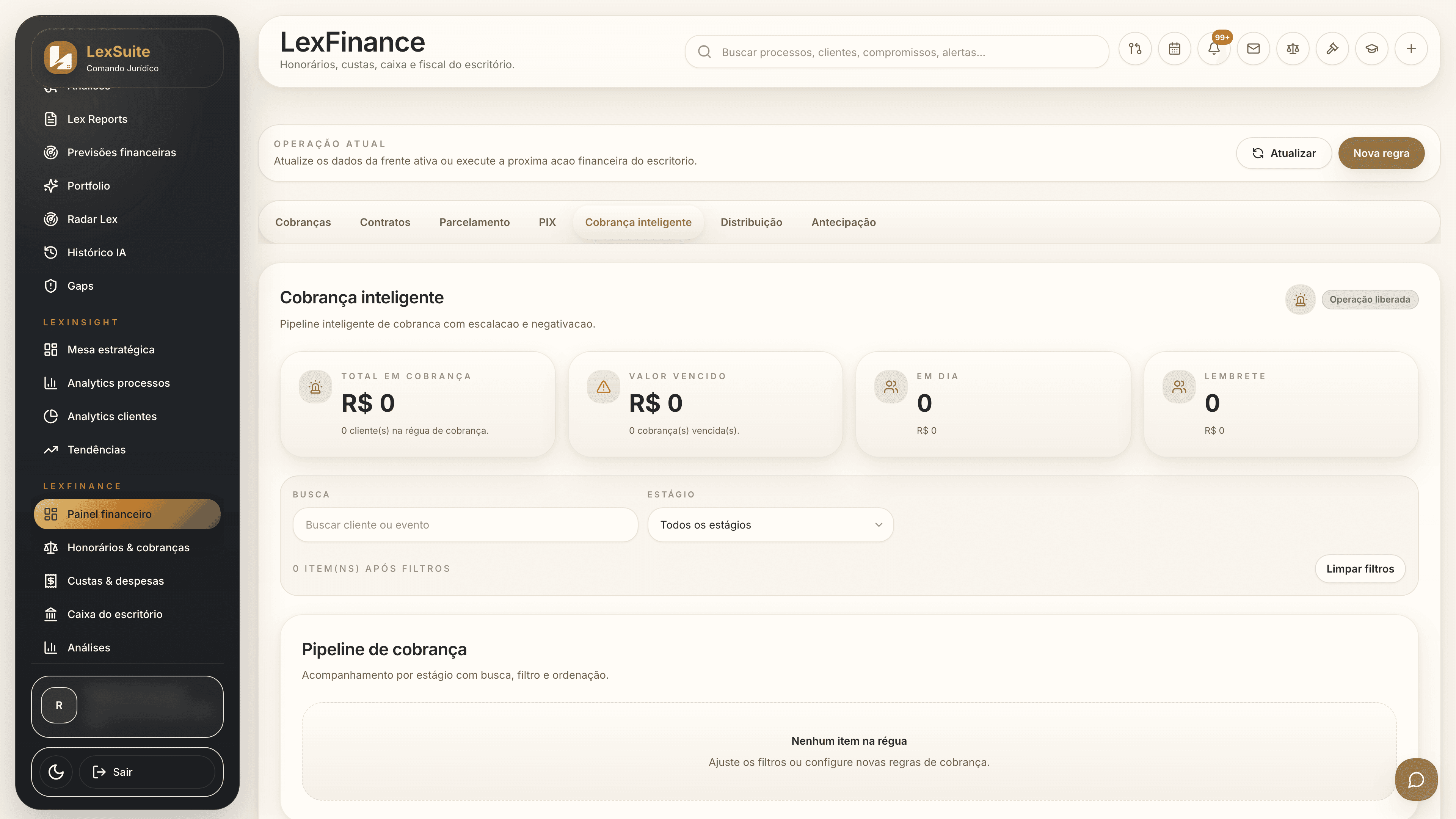Pipeline de cobrança e régua de inadimplência no LexFinance