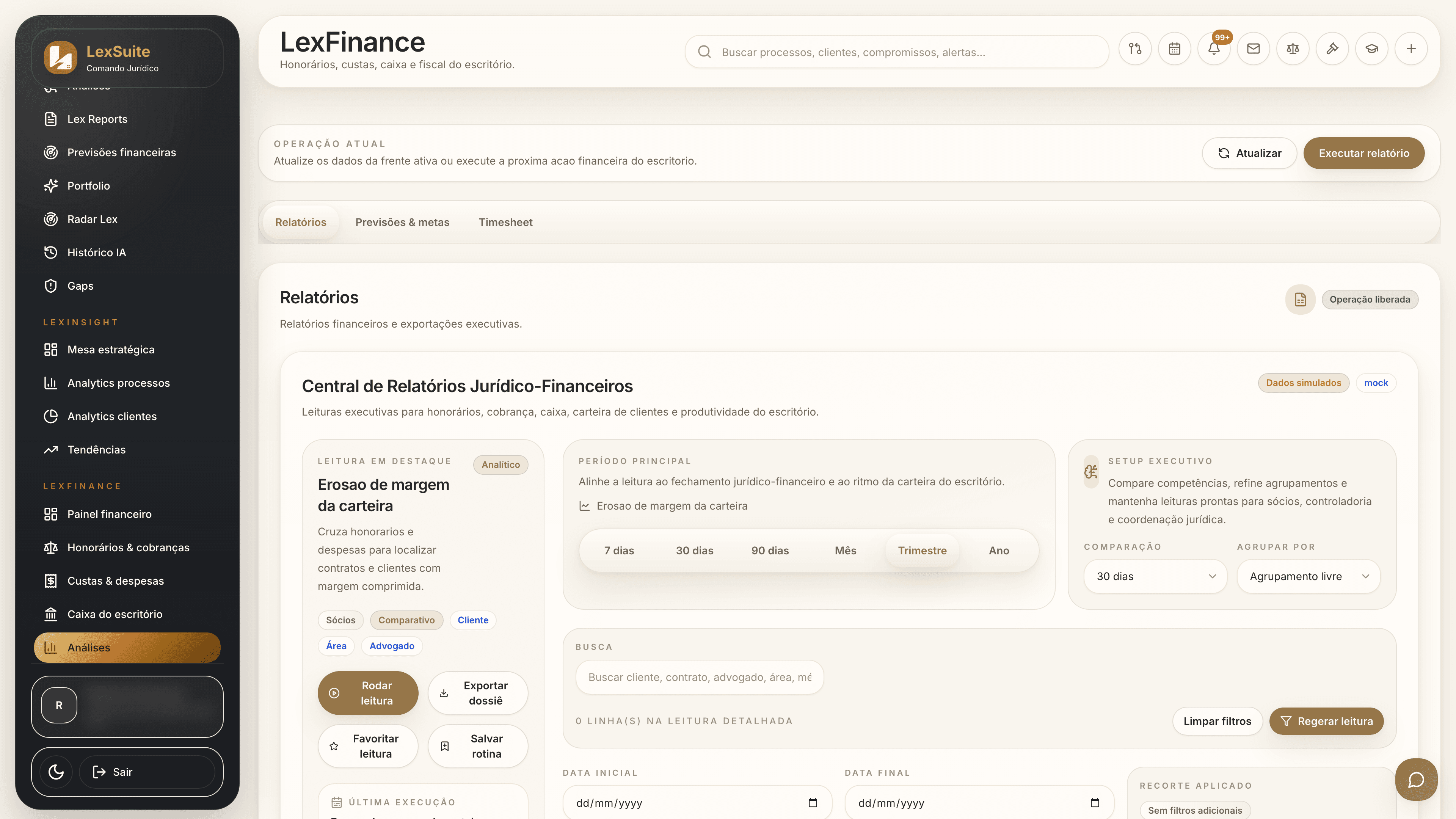 Leitura jurídica e financeira com relatórios executivos no LexFinance
