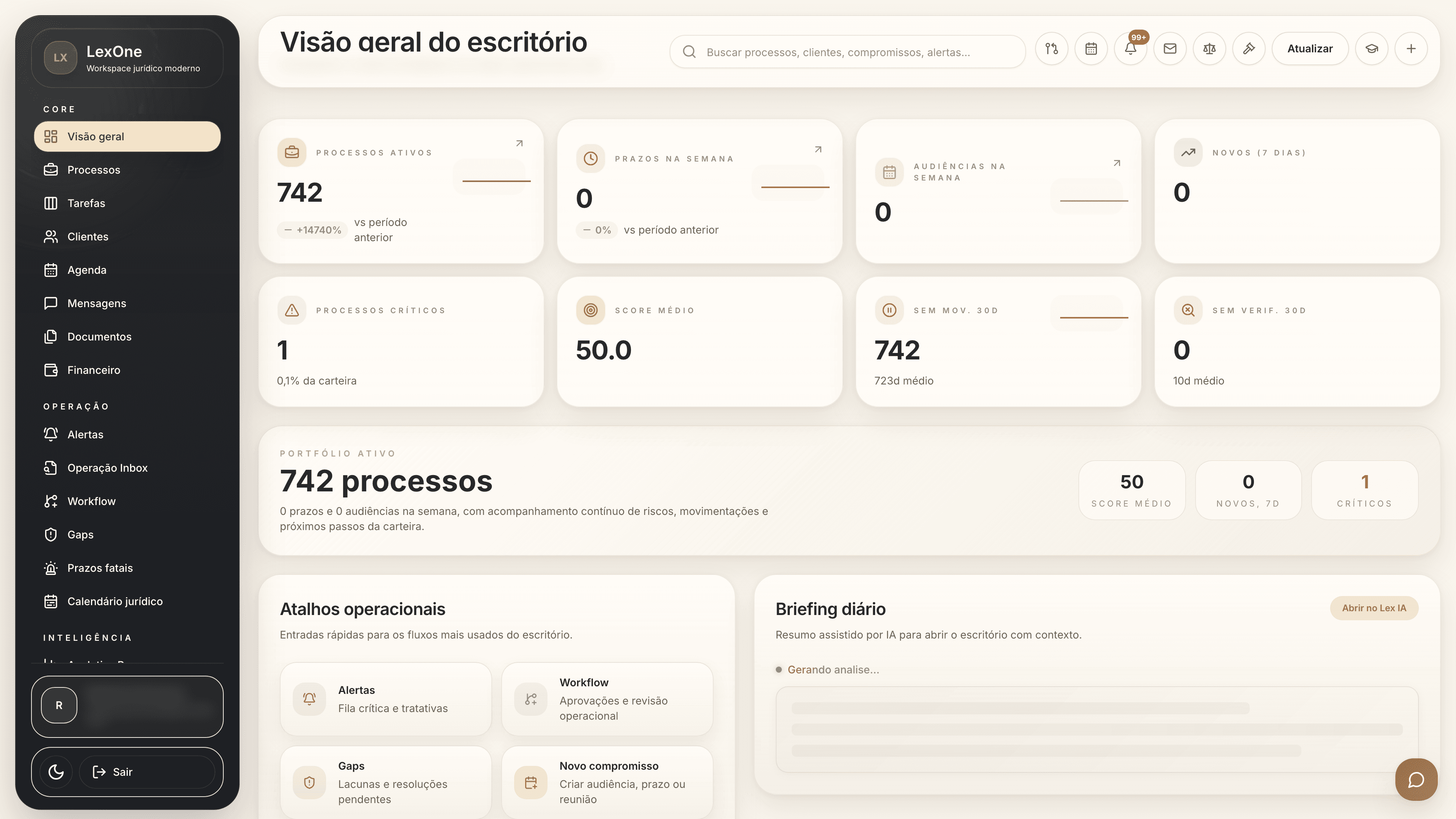 Painel jurídico com agenda, prioridades e alertas da carteira
